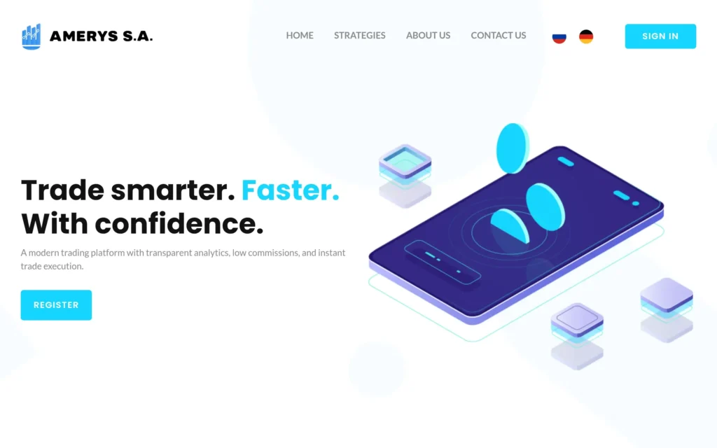 Скриншот сайта ameryssa.com с интерфейсом брокерской платформы и инвестиционными разделами