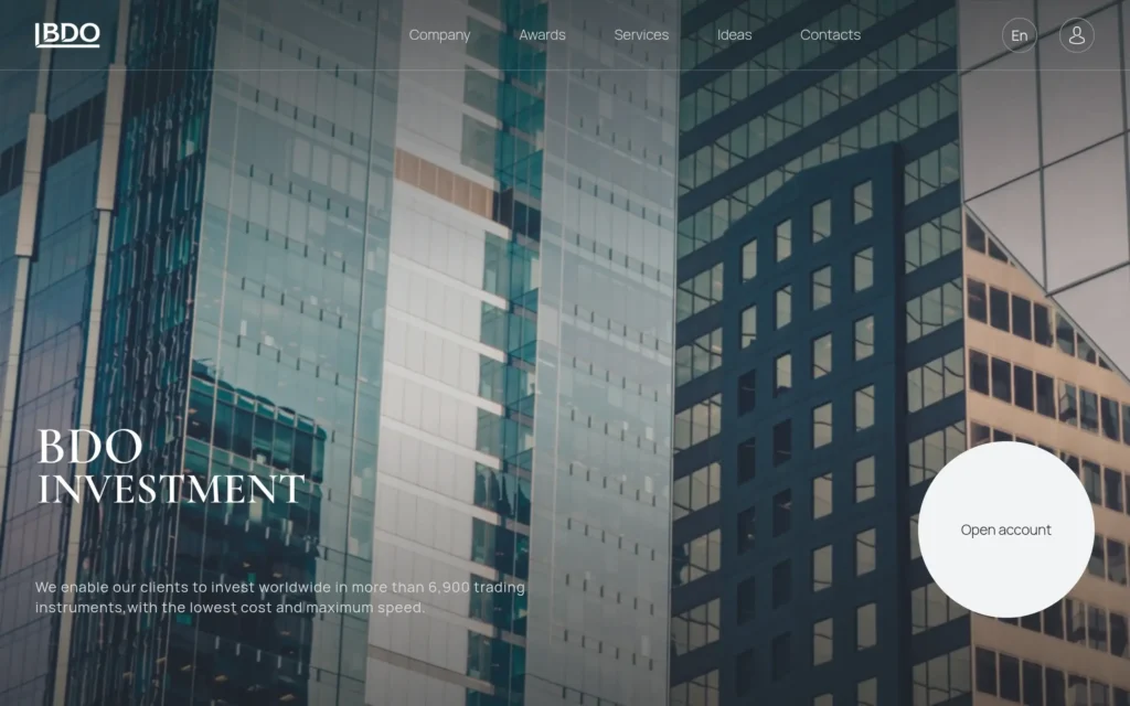 Скриншот сайта bdoinvest.com с интерфейсом брокерской платформы и разделами для инвестиций