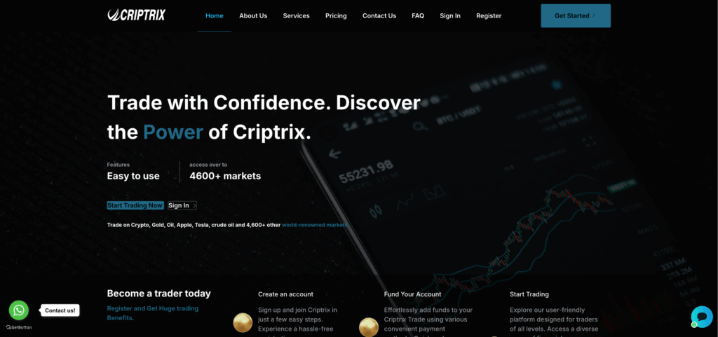 Скриншот сайта criptrix.com с интерфейсом брокерской платформы и торговыми предложениями
