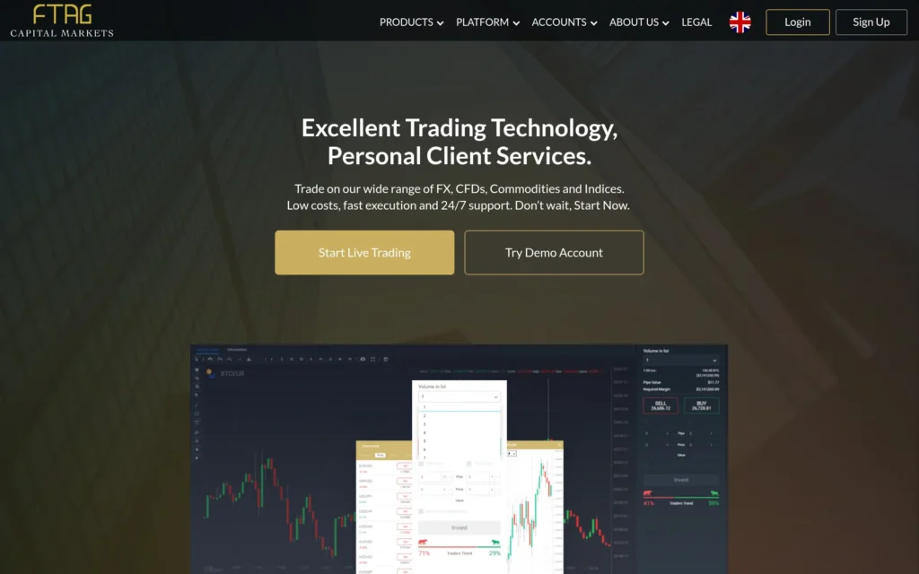 Скриншот сайта ftagcm.com с интерфейсом брокерской платформы и разделами для инвестиций