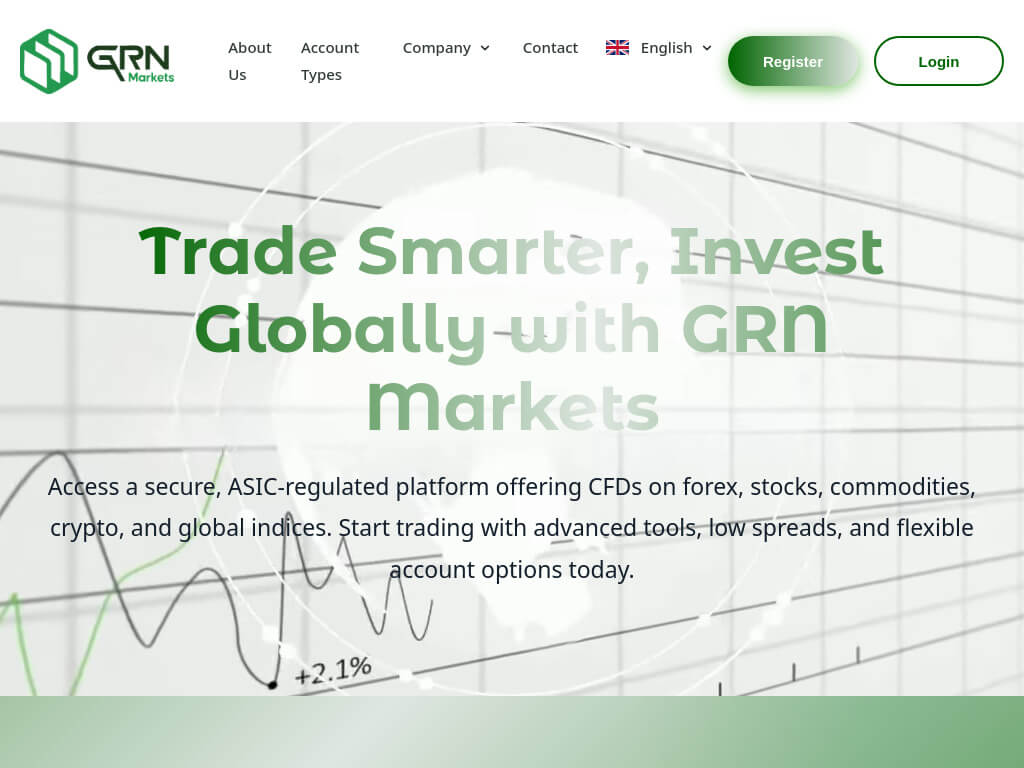 Скриншот сайта grn‑markets.com с интерфейсом брокерской платформы и инвестиционными разделами