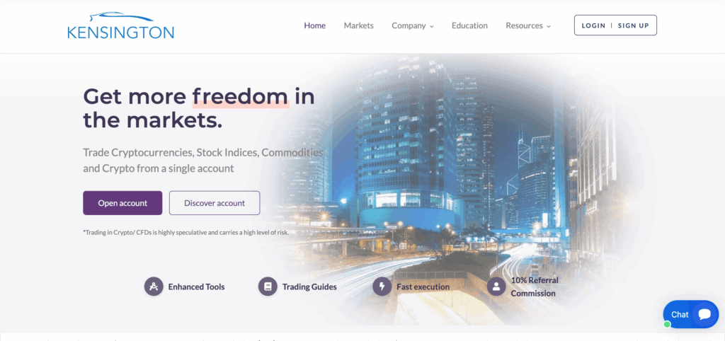 Скриншот сайта kensingtoncapitalcorp.com с интерфейсом брокерской платформы и разделами для инвестиций