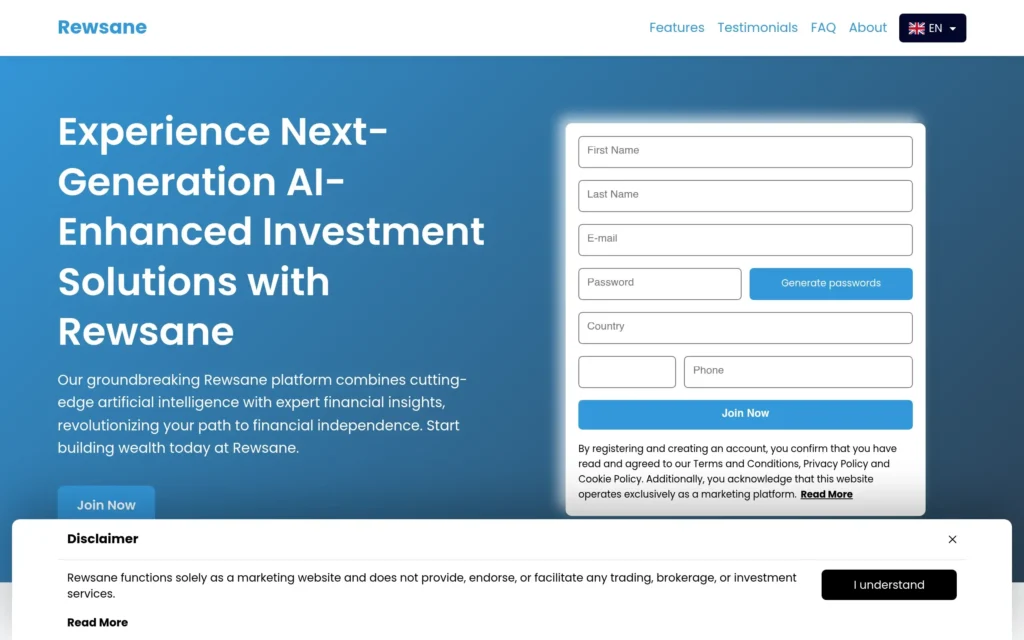 Скриншот сайта rewsane-app.com с интерфейсом платформы и инвестиционными разделами