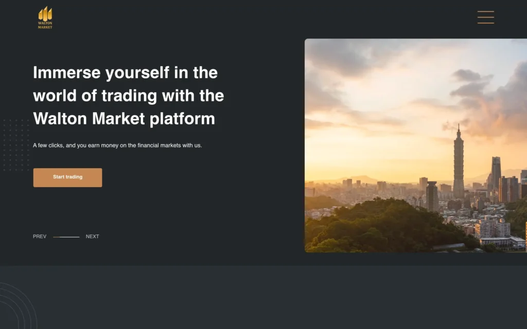 Скриншот сайта waltonmarketltd.com с интерфейсом брокерской платформы и разделами для инвестиций