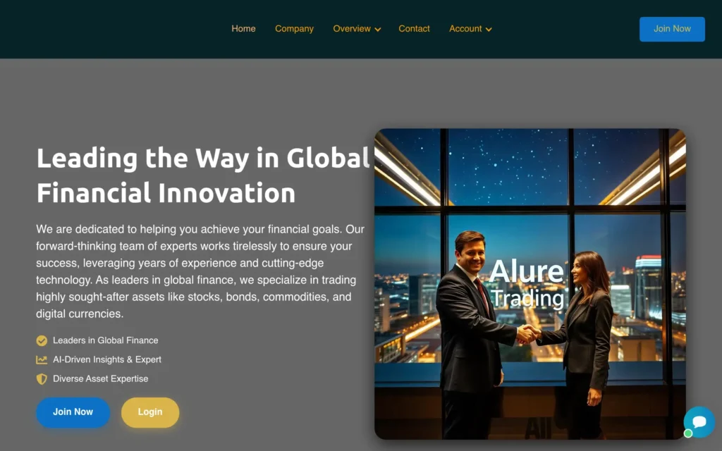 Скриншот сайта aluretrading.com с интерфейсом брокерской платформы и инвестиционными разделами