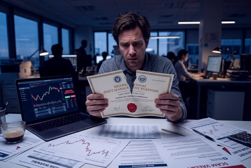 Изображение разоблачения 134 фейковых брокеров, март-апрель 2026. Торговый сертификат с логотипами мошенников на фоне финансовых документов.