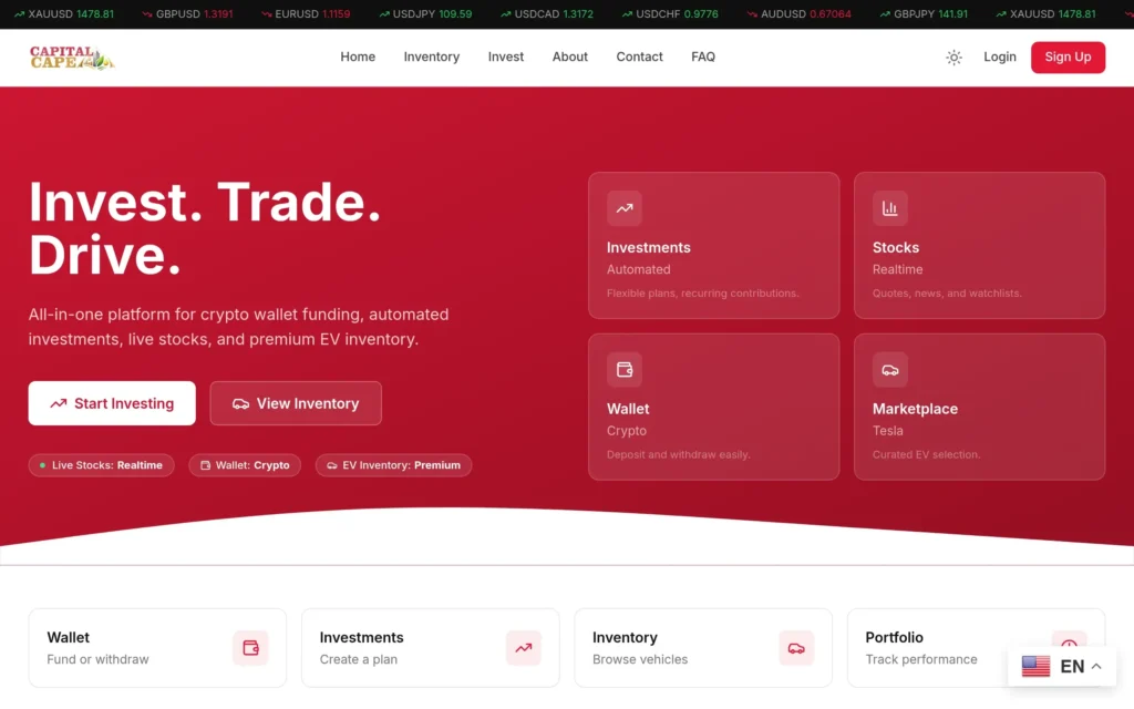 Скриншот сайта capitalcape.com с интерфейсом инвестиционной платформы и элементами брокера