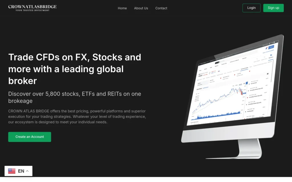 Скриншот сайта crownatlasbridge.com с интерфейсом инвестиционной платформы и предложениями брокера