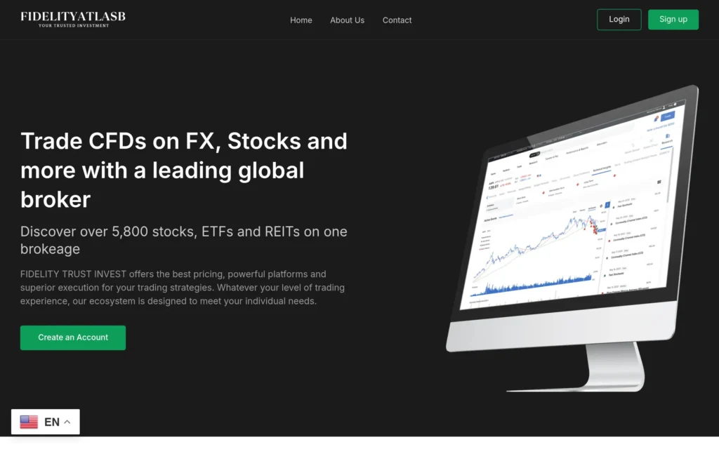 Скриншот сайта fidelityatlasb.com с интерфейсом брокерской платформы и инвестиционными предложениями