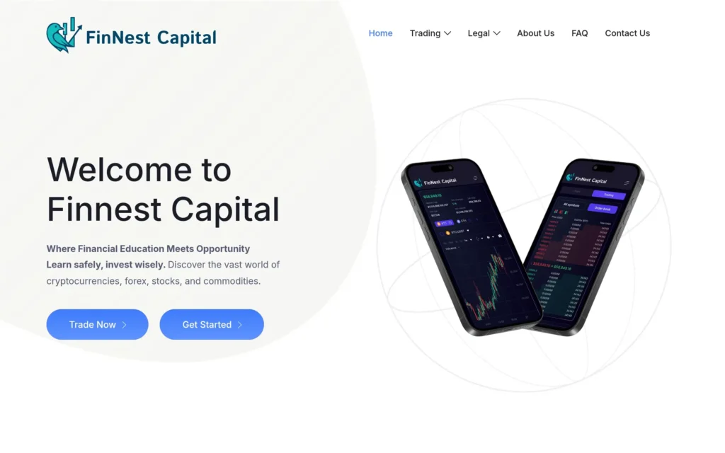 Скриншот сайта finnestcapital.com с интерфейсом брокерской платформы и инвестиционными предложениями