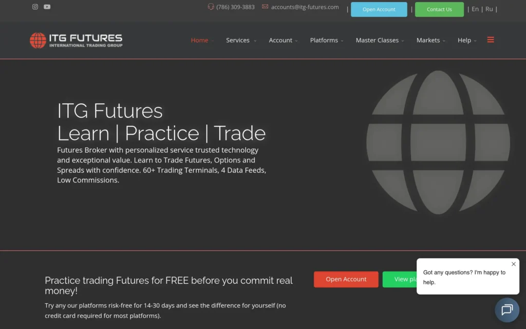 Скриншот главной страницы сайта itg-futures.com — интерфейс и оформление платформы