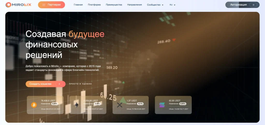 Скриншот интерфейса сайта mirolix.com с главным экраном платформы и элементами навигации