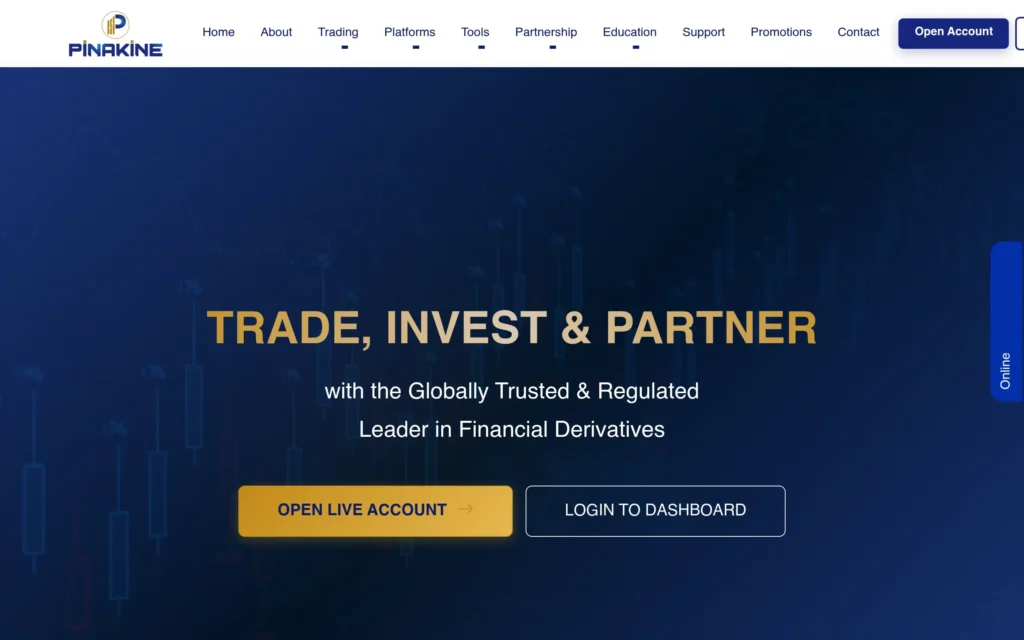 Скриншот сайта pinakineliquidity.com с интерфейсом брокерской платформы и инвестиционными предложениями