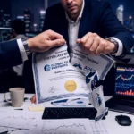 Разоблачение фальшивых брокеров: разрыв фальшивого сертификата с логотипами мошеннических платформ на фоне финансовых документов и графиков, символизирующих финансовое мошенничество.