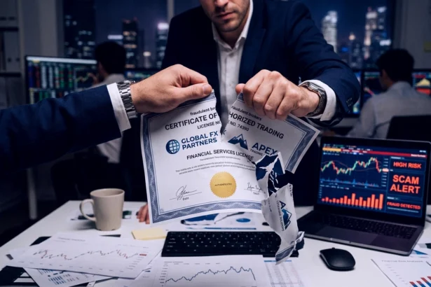 Разоблачение фальшивых брокеров: разрыв фальшивого сертификата с логотипами мошеннических платформ на фоне финансовых документов и графиков, символизирующих финансовое мошенничество.