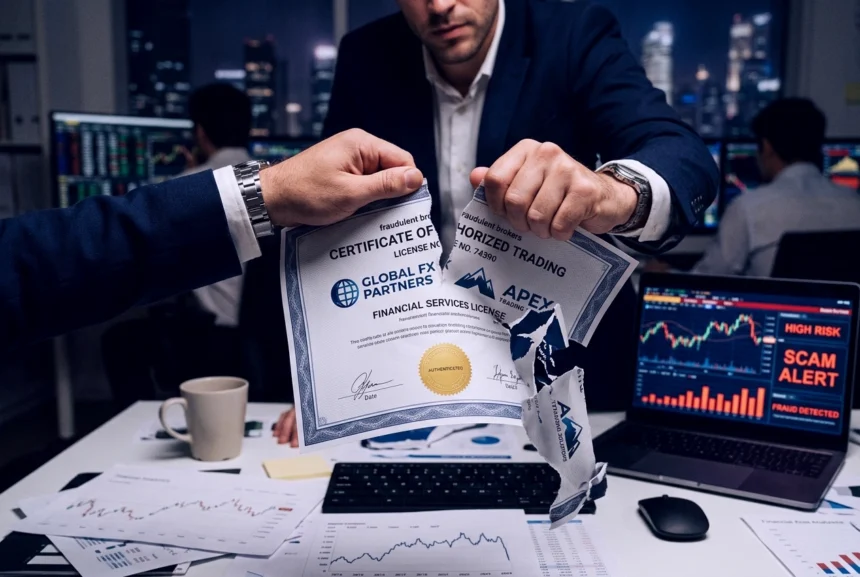 Разоблачение фальшивых брокеров: разрыв фальшивого сертификата с логотипами мошеннических платформ на фоне финансовых документов и графиков, символизирующих финансовое мошенничество.