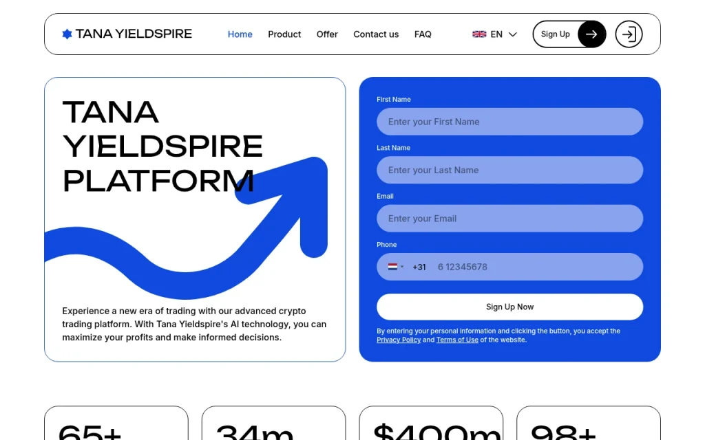Скриншот главной страницы tana-yieldspire.com — интерфейс инвестиционной платформы и обзор стартового экрана брокерского сайта
