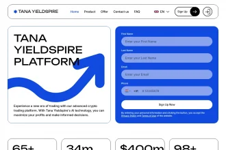 Скриншот главной страницы tana-yieldspire.com — интерфейс инвестиционной платформы и обзор стартового экрана брокерского сайта