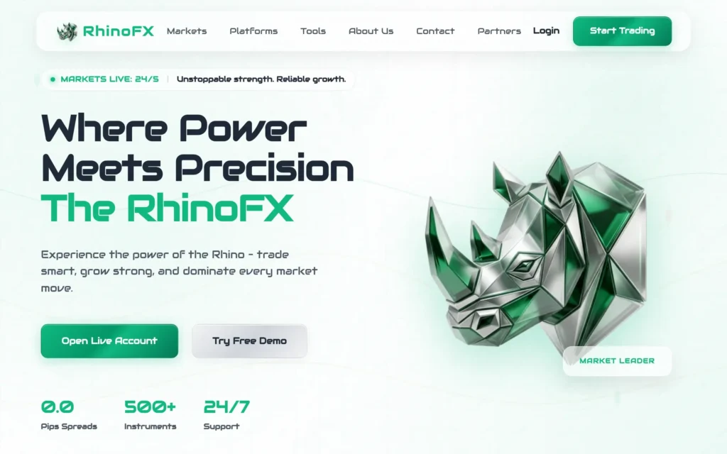 Скриншот сайта therhinofx.com с интерфейсом брокерской платформы и торговыми предложениями