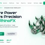 Скриншот сайта therhinofx.com с интерфейсом брокерской платформы и торговыми предложениями