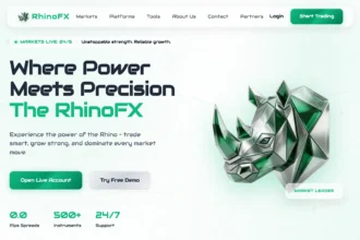 Скриншот сайта therhinofx.com с интерфейсом брокерской платформы и торговыми предложениями