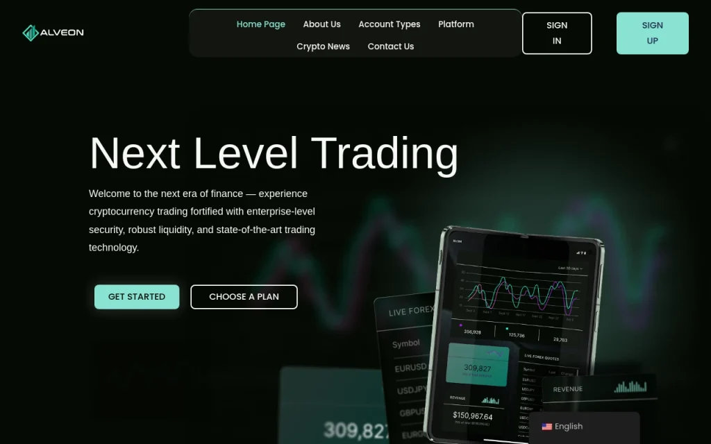 Скриншот главной страницы alveon-ltd.com с интерфейсом брокерского сайта, обзором платформы и отзывами пользователей