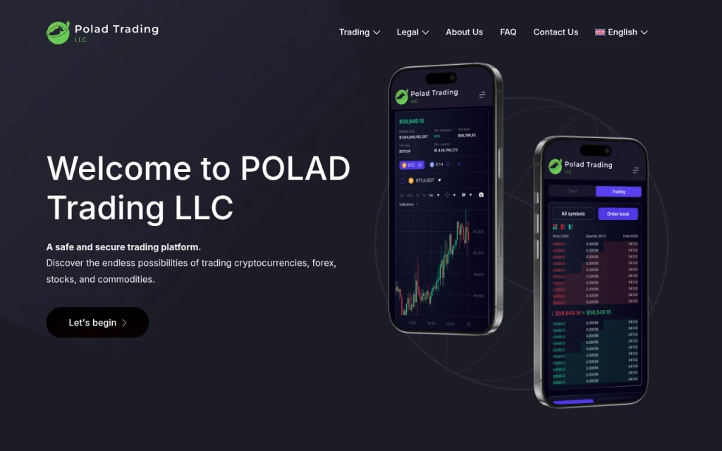 Скриншот главной страницы poladllc.com с интерфейсом брокерской платформы, обзором сайта и элементами личного кабинета